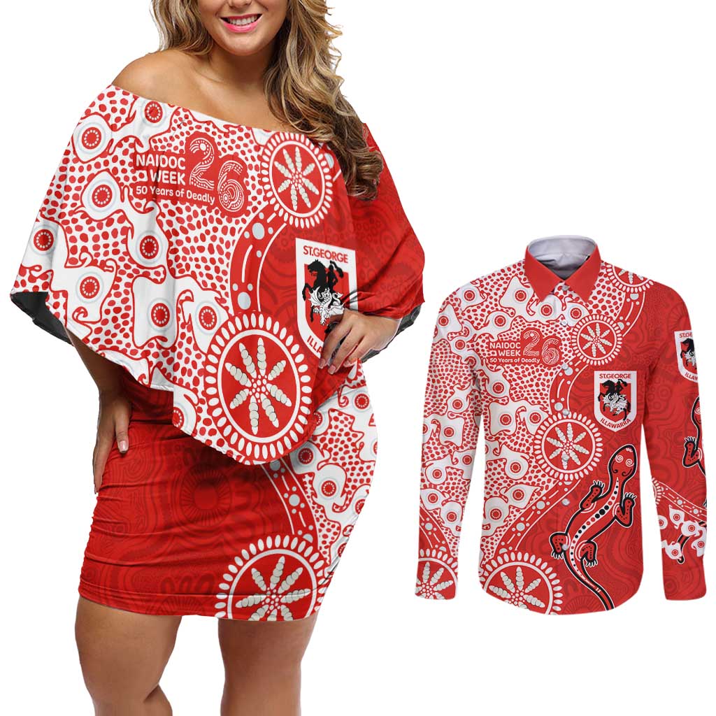St George Illawarra Dragons NAIDOC Week 2026 Couples Matching Off Shoulder Short Dress and Long Sleeve Button Shirt Aboriginal Lizard Dot Painting - 50 Years of Deadly