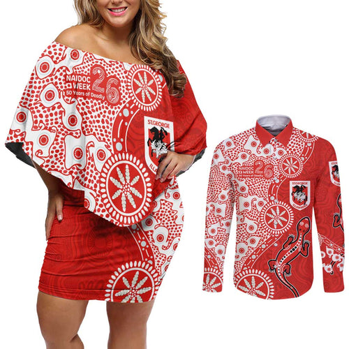 St George Illawarra Dragons NAIDOC Week 2026 Couples Matching Off Shoulder Short Dress and Long Sleeve Button Shirt Aboriginal Lizard Dot Painting - 50 Years of Deadly
