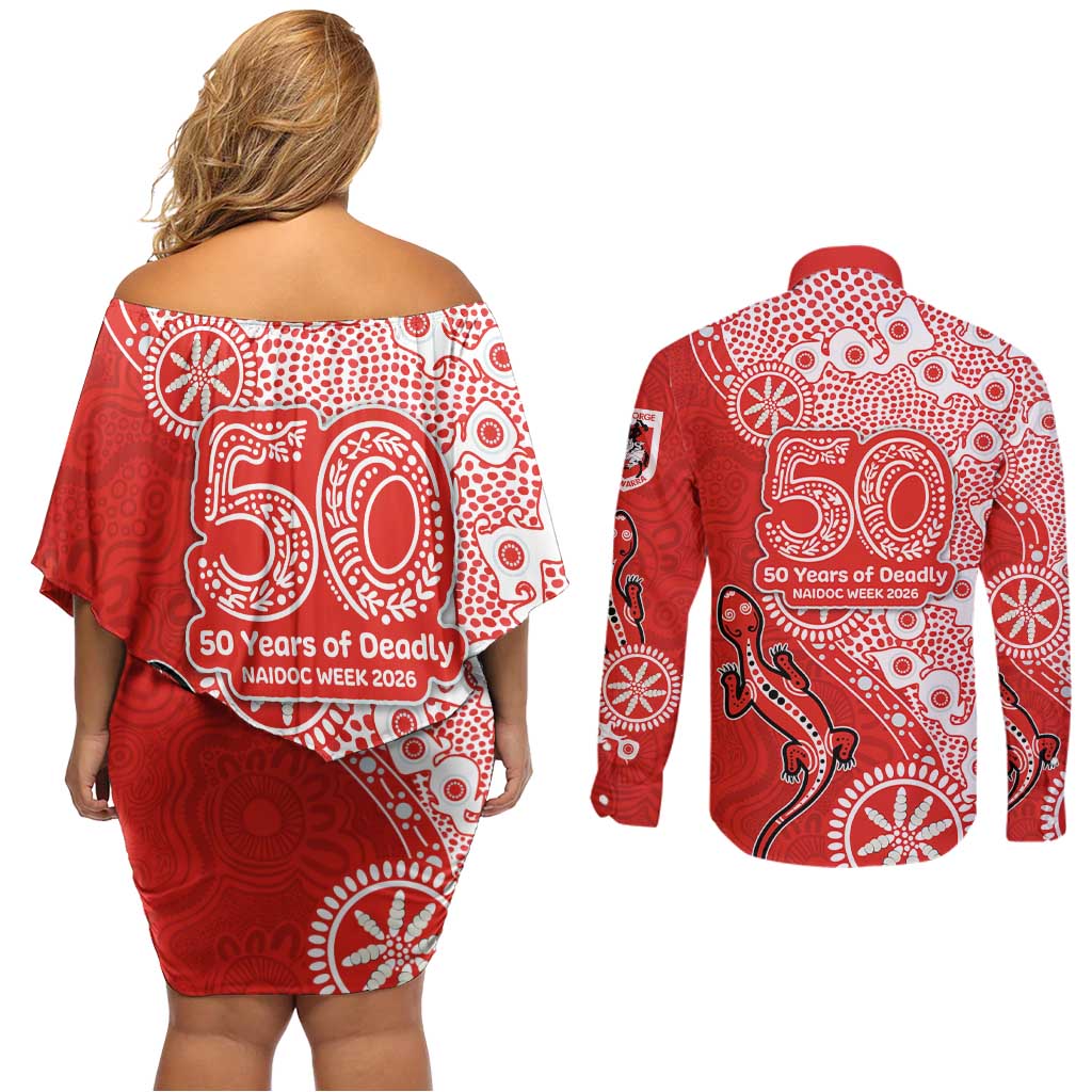 St George Illawarra Dragons NAIDOC Week 2026 Couples Matching Off Shoulder Short Dress and Long Sleeve Button Shirt Aboriginal Lizard Dot Painting - 50 Years of Deadly