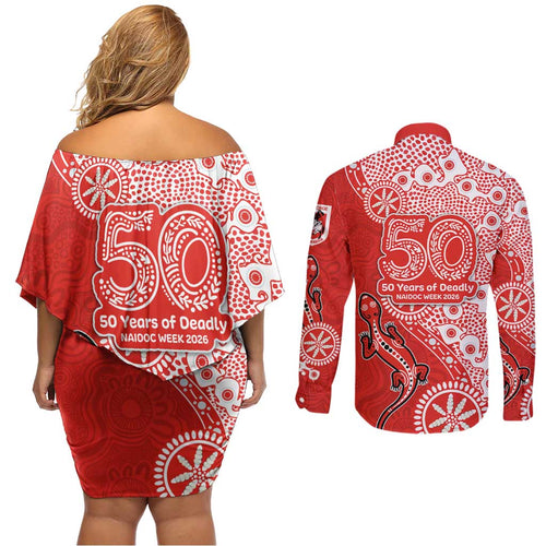 St George Illawarra Dragons NAIDOC Week 2026 Couples Matching Off Shoulder Short Dress and Long Sleeve Button Shirt Aboriginal Lizard Dot Painting - 50 Years of Deadly