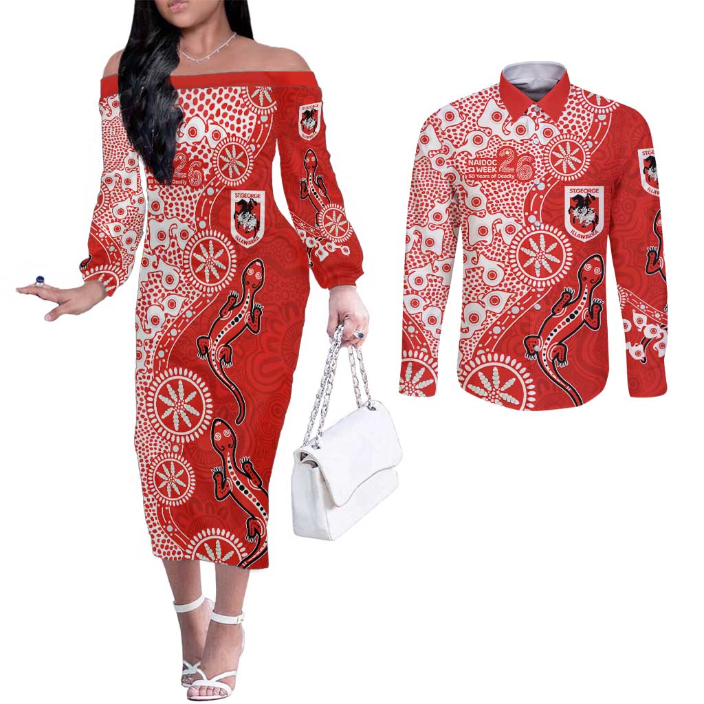 St George Illawarra Dragons NAIDOC Week 2026 Couples Matching Off The Shoulder Long Sleeve Dress and Long Sleeve Button Shirt Aboriginal Lizard Dot Painting - 50 Years of Deadly