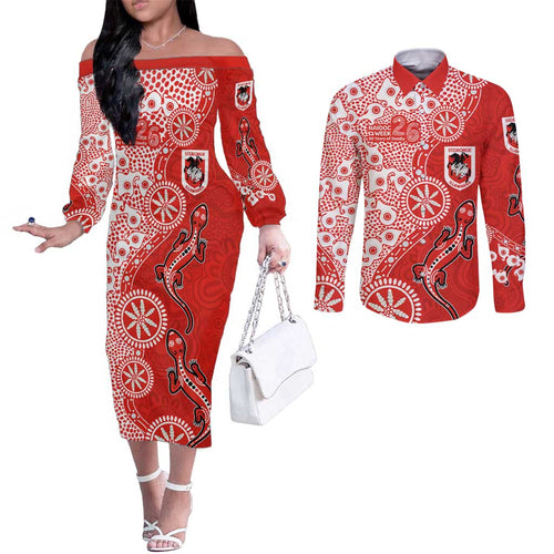 St George Illawarra Dragons NAIDOC Week 2026 Couples Matching Off The Shoulder Long Sleeve Dress and Long Sleeve Button Shirt Aboriginal Lizard Dot Painting - 50 Years of Deadly
