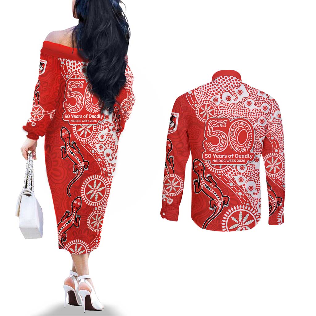 St George Illawarra Dragons NAIDOC Week 2026 Couples Matching Off The Shoulder Long Sleeve Dress and Long Sleeve Button Shirt Aboriginal Lizard Dot Painting - 50 Years of Deadly