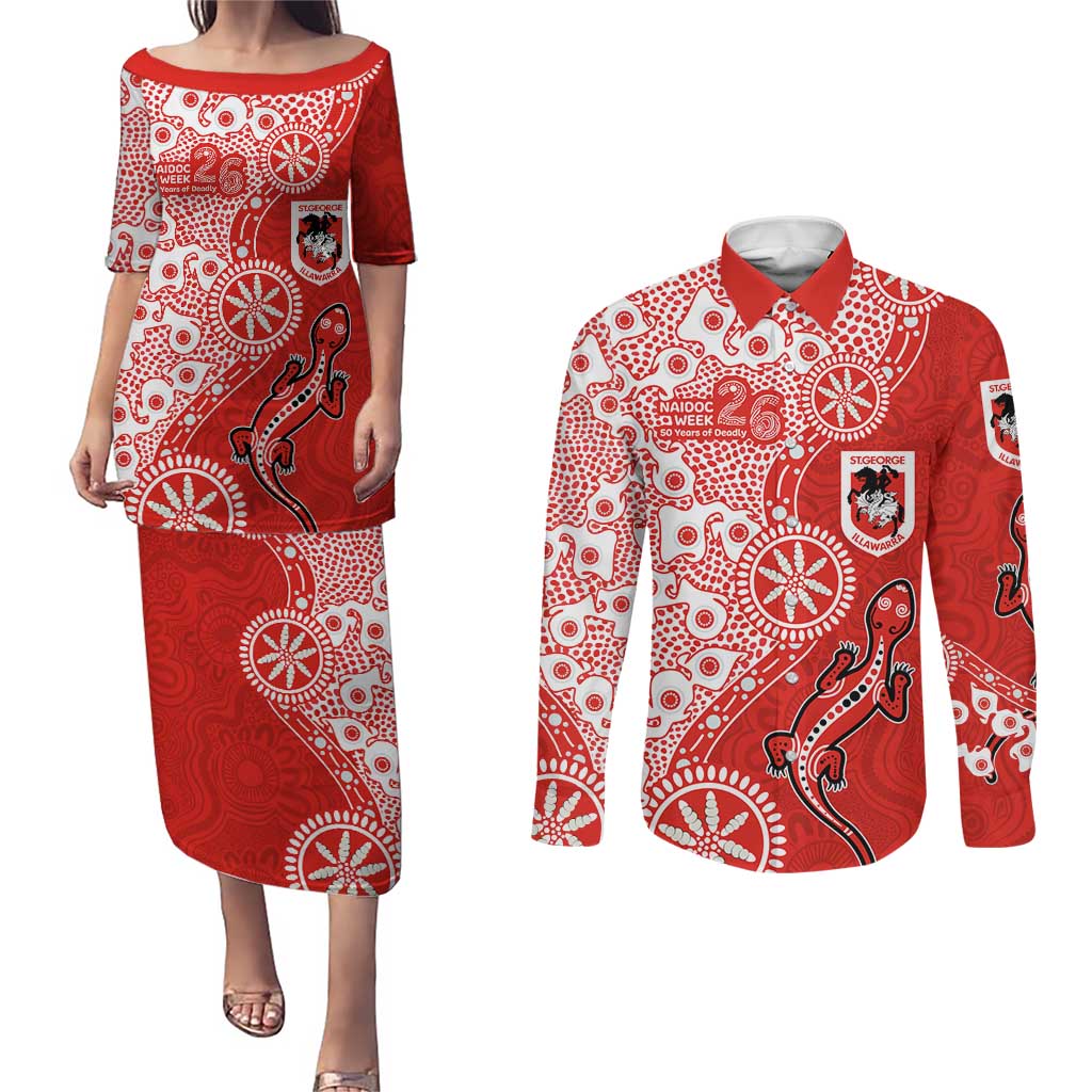 St George Illawarra Dragons NAIDOC Week 2026 Couples Matching Puletasi and Long Sleeve Button Shirt Aboriginal Lizard Dot Painting - 50 Years of Deadly