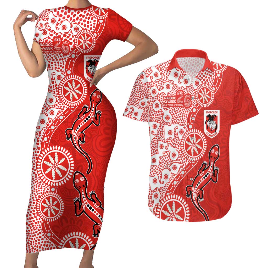 St George Illawarra Dragons NAIDOC Week 2026 Couples Matching Short Sleeve Bodycon Dress and Hawaiian Shirt Aboriginal Lizard Dot Painting - 50 Years of Deadly