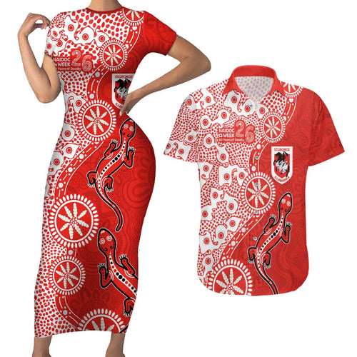 St George Illawarra Dragons NAIDOC Week 2026 Couples Matching Short Sleeve Bodycon Dress and Hawaiian Shirt Aboriginal Lizard Dot Painting - 50 Years of Deadly