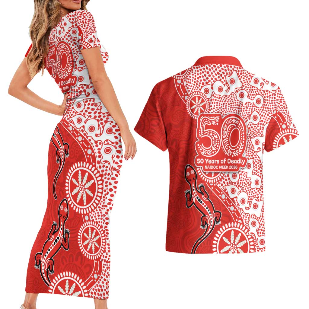 St George Illawarra Dragons NAIDOC Week 2026 Couples Matching Short Sleeve Bodycon Dress and Hawaiian Shirt Aboriginal Lizard Dot Painting - 50 Years of Deadly
