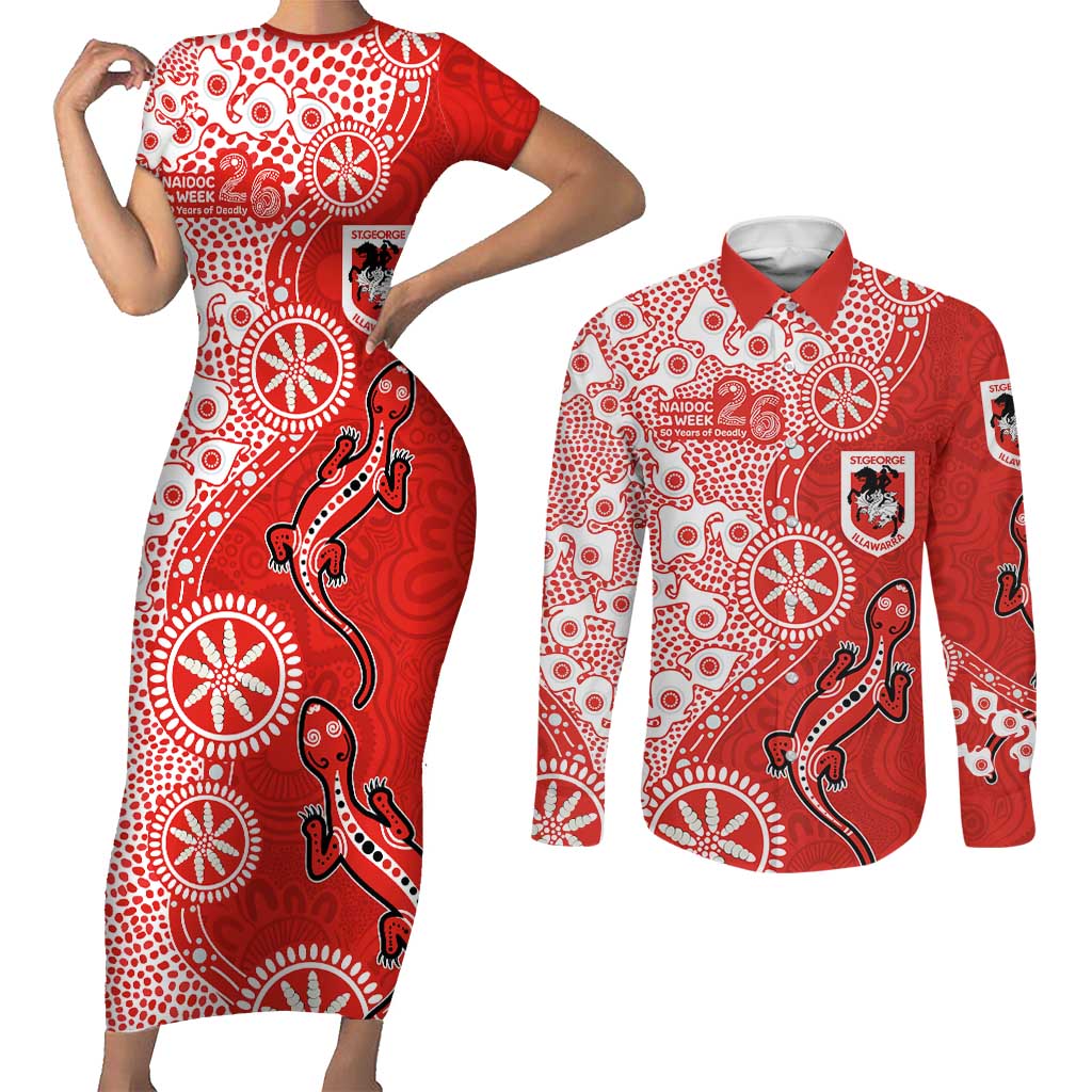 St George Illawarra Dragons NAIDOC Week 2026 Couples Matching Short Sleeve Bodycon Dress and Long Sleeve Button Shirt Aboriginal Lizard Dot Painting - 50 Years of Deadly