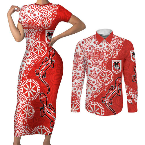 St George Illawarra Dragons NAIDOC Week 2026 Couples Matching Short Sleeve Bodycon Dress and Long Sleeve Button Shirt Aboriginal Lizard Dot Painting - 50 Years of Deadly