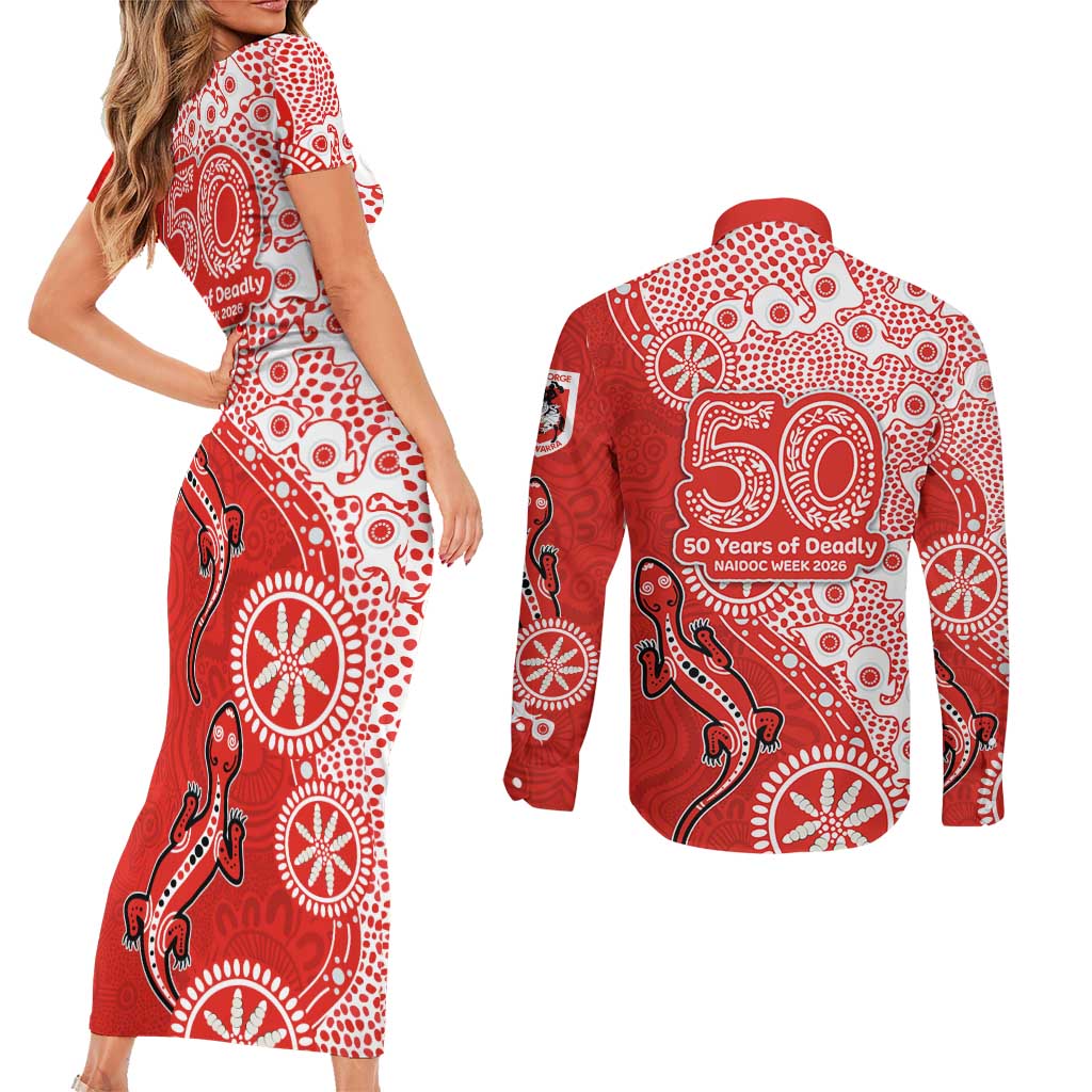 St George Illawarra Dragons NAIDOC Week 2026 Couples Matching Short Sleeve Bodycon Dress and Long Sleeve Button Shirt Aboriginal Lizard Dot Painting - 50 Years of Deadly