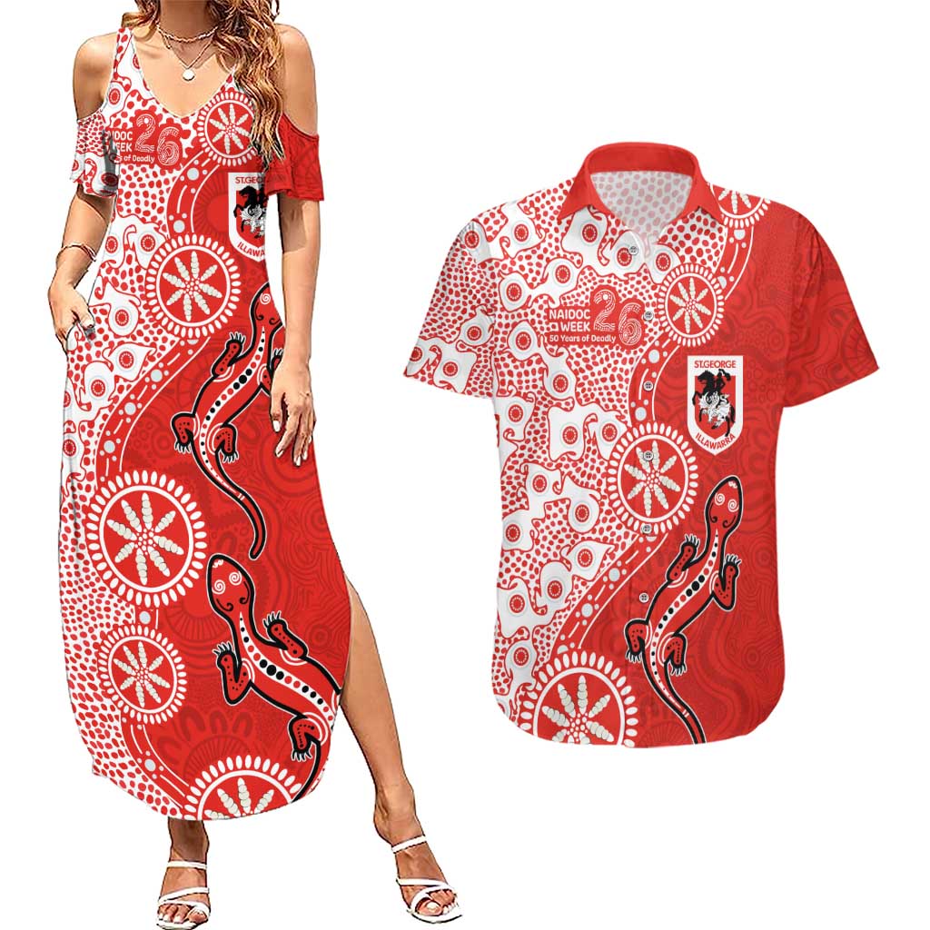 St George Illawarra Dragons NAIDOC Week 2026 Couples Matching Summer Maxi Dress and Hawaiian Shirt Aboriginal Lizard Dot Painting - 50 Years of Deadly