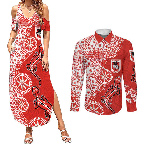 St George Illawarra Dragons NAIDOC Week 2026 Couples Matching Summer Maxi Dress and Long Sleeve Button Shirt Aboriginal Lizard Dot Painting - 50 Years of Deadly