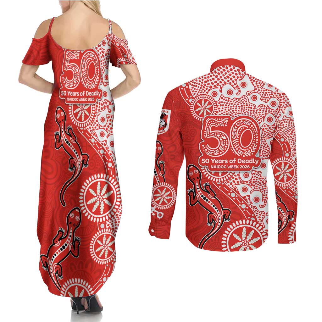 St George Illawarra Dragons NAIDOC Week 2026 Couples Matching Summer Maxi Dress and Long Sleeve Button Shirt Aboriginal Lizard Dot Painting - 50 Years of Deadly