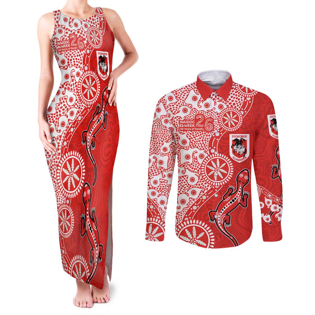 St George Illawarra Dragons NAIDOC Week 2026 Couples Matching Tank Maxi Dress and Long Sleeve Button Shirt Aboriginal Lizard Dot Painting - 50 Years of Deadly