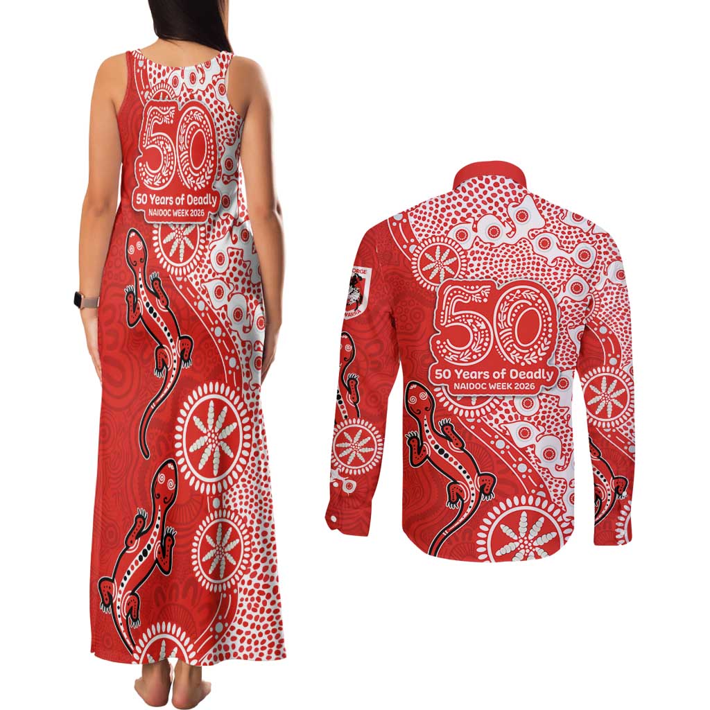 St George Illawarra Dragons NAIDOC Week 2026 Couples Matching Tank Maxi Dress and Long Sleeve Button Shirt Aboriginal Lizard Dot Painting - 50 Years of Deadly