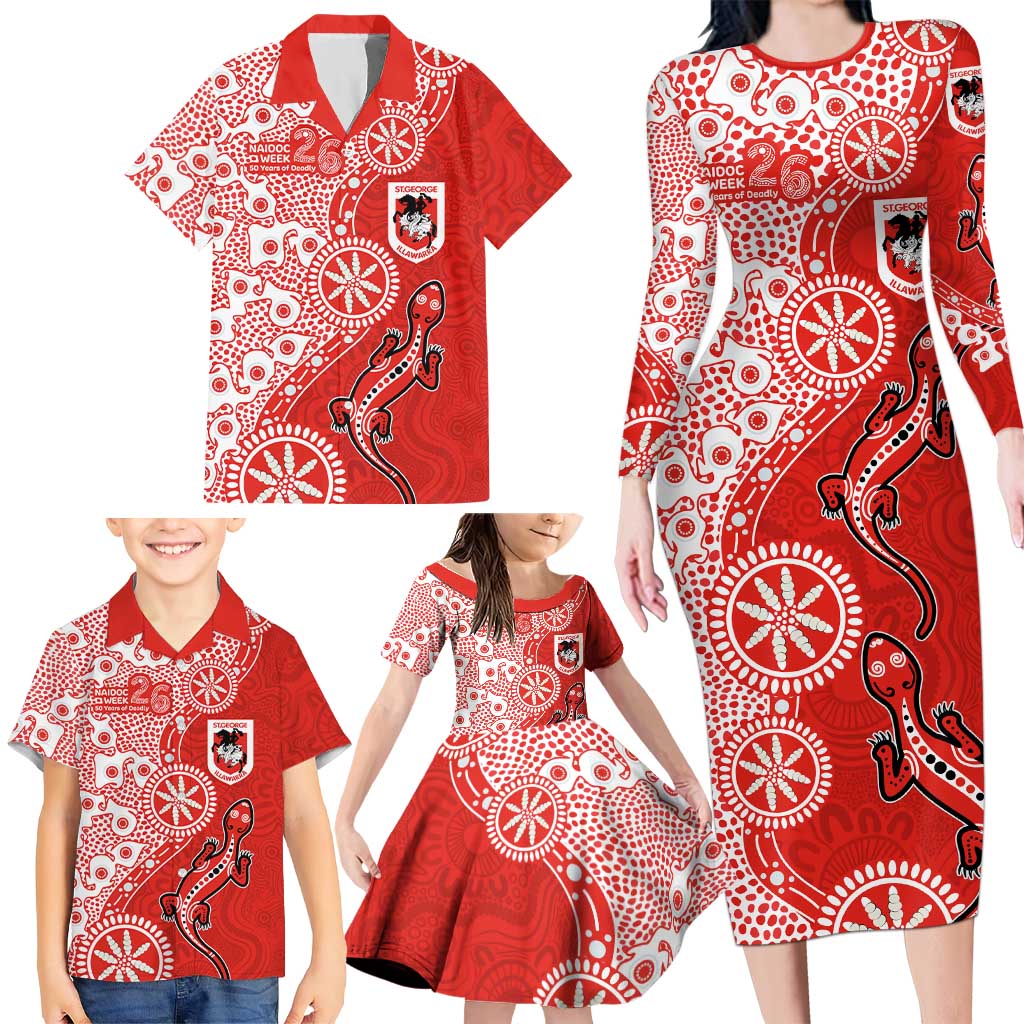 St George Illawarra Dragons NAIDOC Week 2026 Family Matching Long Sleeve Bodycon Dress and Hawaiian Shirt Aboriginal Lizard Dot Painting - 50 Years of Deadly
