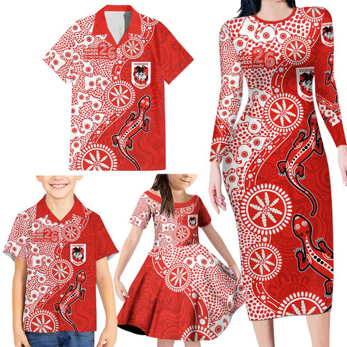 St George Illawarra Dragons NAIDOC Week 2026 Family Matching Long Sleeve Bodycon Dress and Hawaiian Shirt Aboriginal Lizard Dot Painting - 50 Years of Deadly