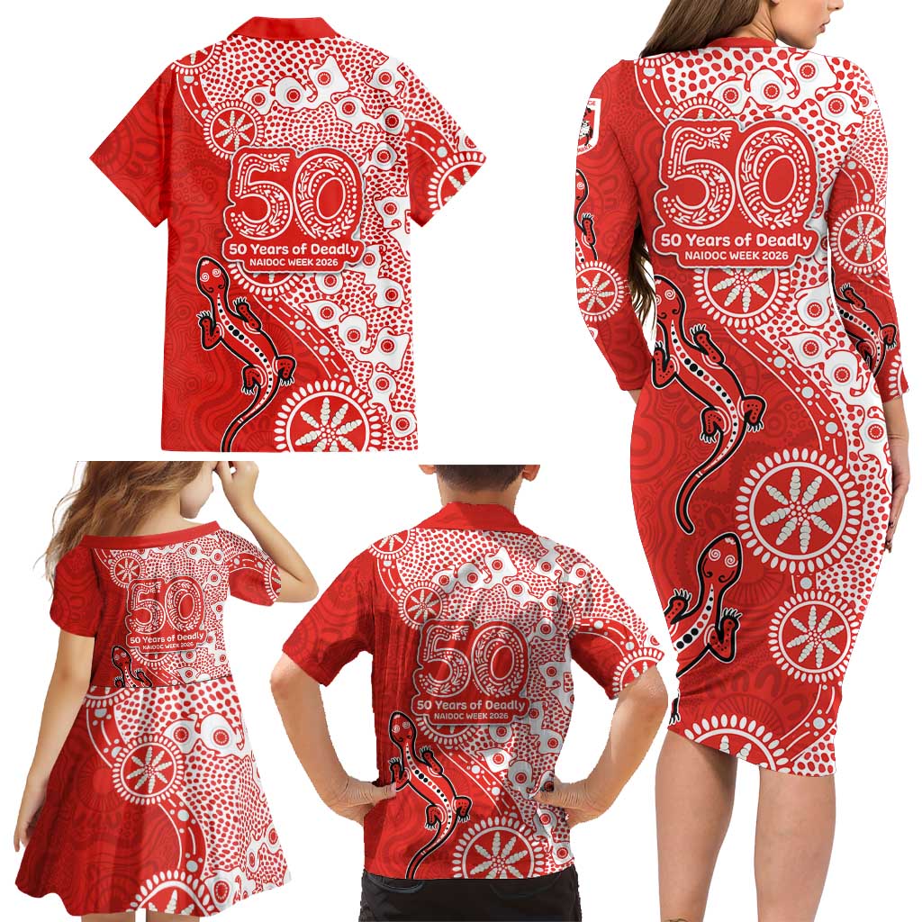 St George Illawarra Dragons NAIDOC Week 2026 Family Matching Long Sleeve Bodycon Dress and Hawaiian Shirt Aboriginal Lizard Dot Painting - 50 Years of Deadly