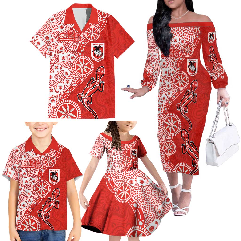 St George Illawarra Dragons NAIDOC Week 2026 Family Matching Off The Shoulder Long Sleeve Dress and Hawaiian Shirt Aboriginal Lizard Dot Painting - 50 Years of Deadly