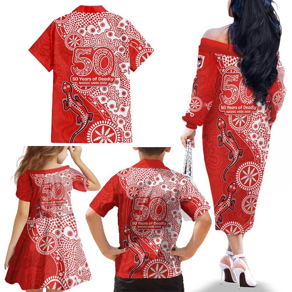 St George Illawarra Dragons NAIDOC Week 2026 Family Matching Off The Shoulder Long Sleeve Dress and Hawaiian Shirt Aboriginal Lizard Dot Painting - 50 Years of Deadly