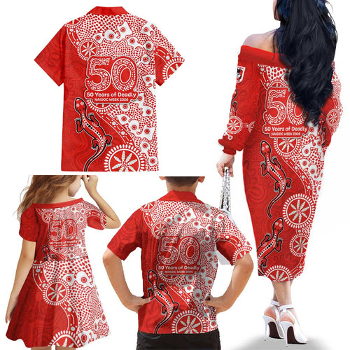 St George Illawarra Dragons NAIDOC Week 2026 Family Matching Off The Shoulder Long Sleeve Dress and Hawaiian Shirt Aboriginal Lizard Dot Painting - 50 Years of Deadly