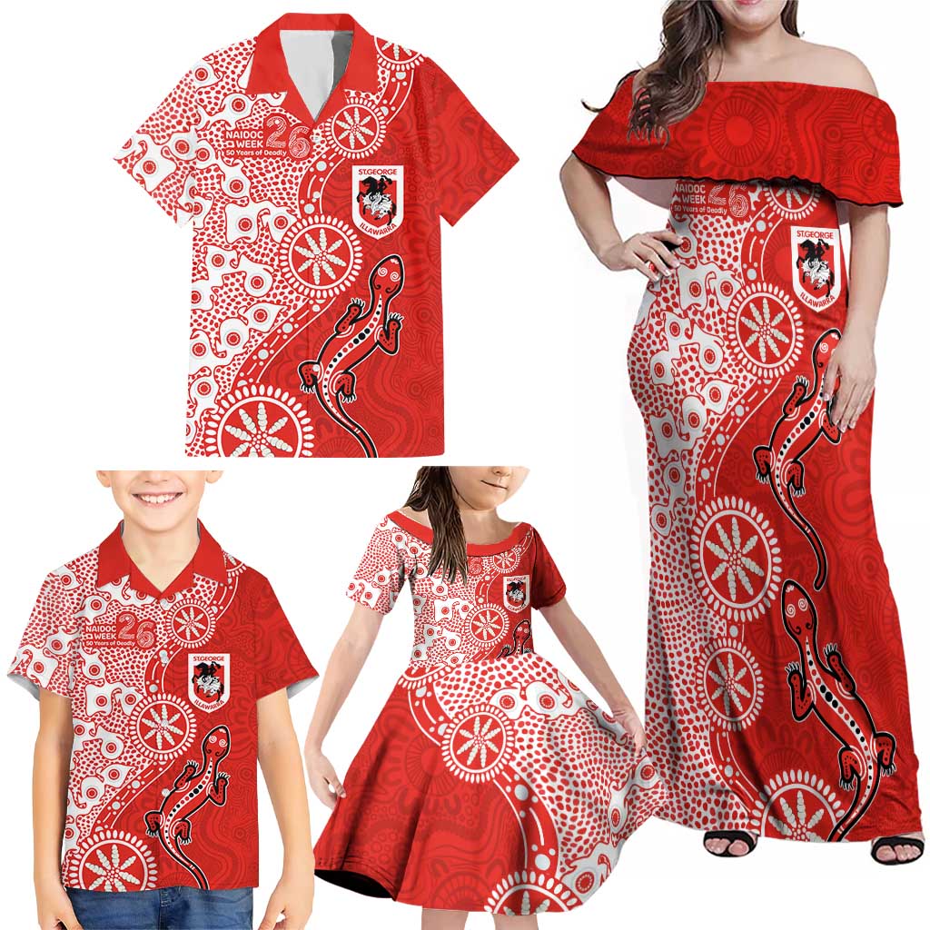 St George Illawarra Dragons NAIDOC Week 2026 Family Matching Off Shoulder Maxi Dress and Hawaiian Shirt Aboriginal Lizard Dot Painting - 50 Years of Deadly