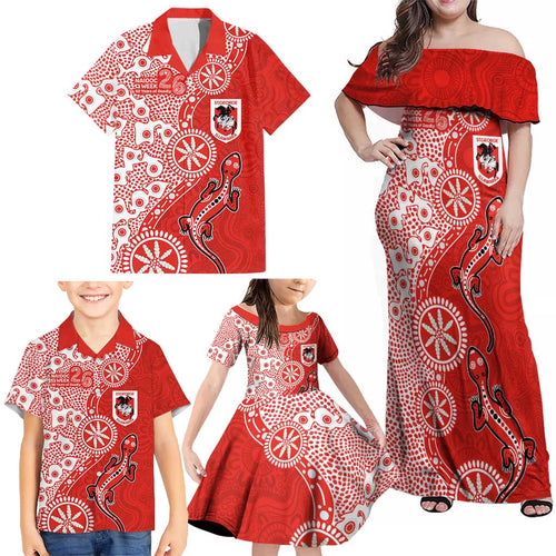 St George Illawarra Dragons NAIDOC Week 2026 Family Matching Off Shoulder Maxi Dress and Hawaiian Shirt Aboriginal Lizard Dot Painting - 50 Years of Deadly