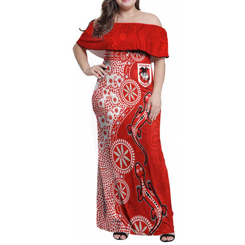 St George Illawarra Dragons NAIDOC Week 2026 Family Matching Off Shoulder Maxi Dress and Hawaiian Shirt Aboriginal Lizard Dot Painting - 50 Years of Deadly
