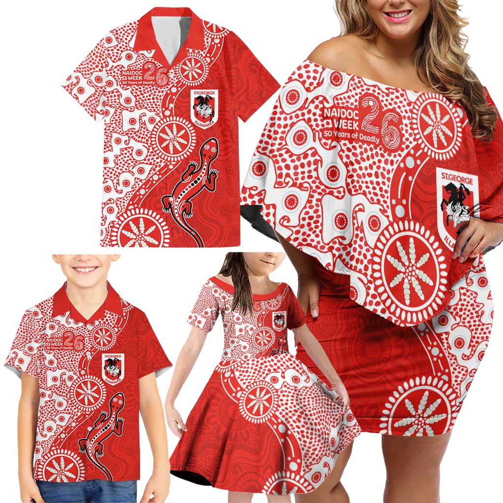 St George Illawarra Dragons NAIDOC Week 2026 Family Matching Off Shoulder Short Dress and Hawaiian Shirt Aboriginal Lizard Dot Painting - 50 Years of Deadly