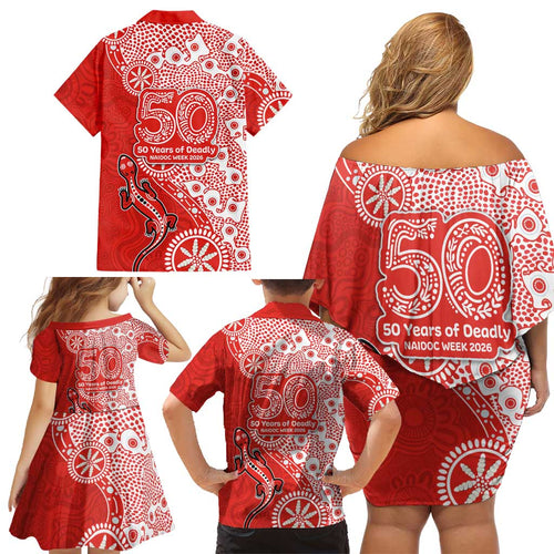 St George Illawarra Dragons NAIDOC Week 2026 Family Matching Off Shoulder Short Dress and Hawaiian Shirt Aboriginal Lizard Dot Painting - 50 Years of Deadly