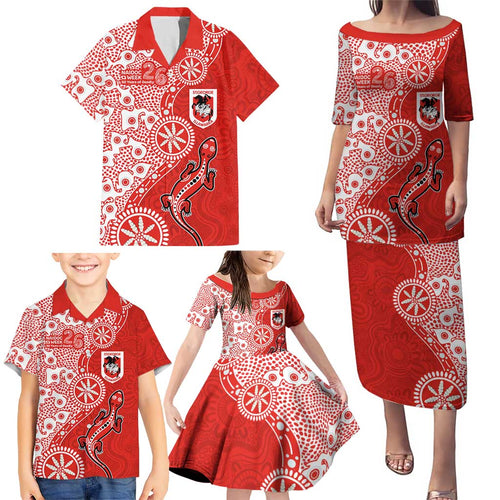 St George Illawarra Dragons NAIDOC Week 2026 Family Matching Puletasi and Hawaiian Shirt Aboriginal Lizard Dot Painting - 50 Years of Deadly