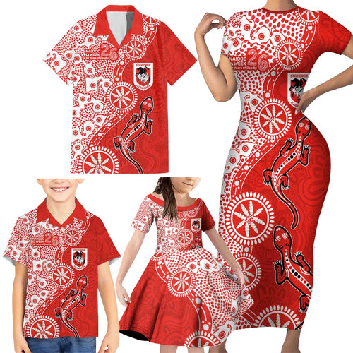 St George Illawarra Dragons NAIDOC Week 2026 Family Matching Short Sleeve Bodycon Dress and Hawaiian Shirt Aboriginal Lizard Dot Painting - 50 Years of Deadly