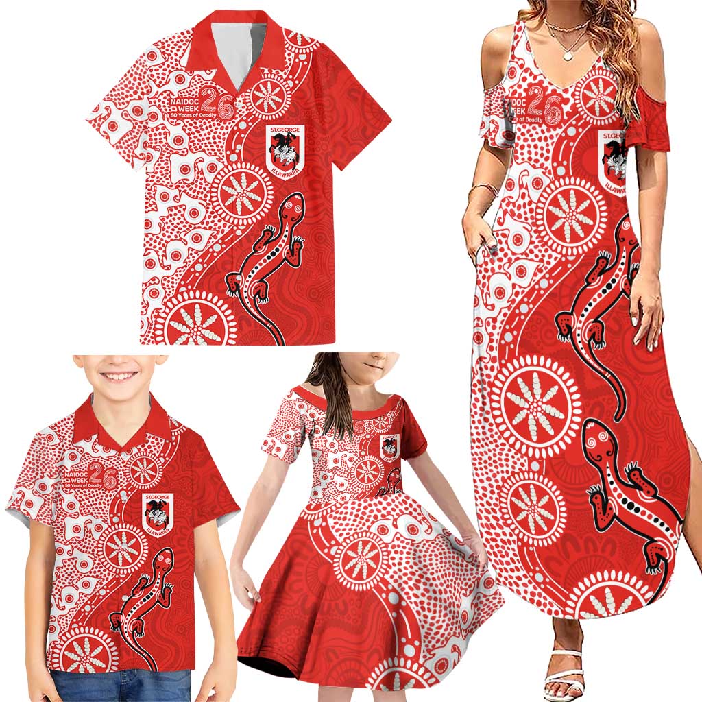 St George Illawarra Dragons NAIDOC Week 2026 Family Matching Summer Maxi Dress and Hawaiian Shirt Aboriginal Lizard Dot Painting - 50 Years of Deadly