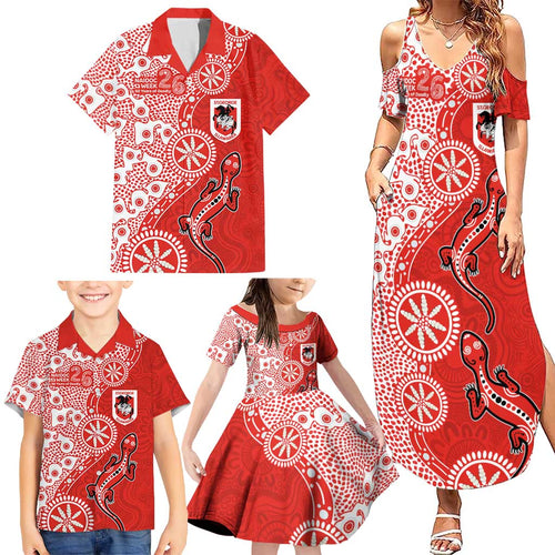 St George Illawarra Dragons NAIDOC Week 2026 Family Matching Summer Maxi Dress and Hawaiian Shirt Aboriginal Lizard Dot Painting - 50 Years of Deadly