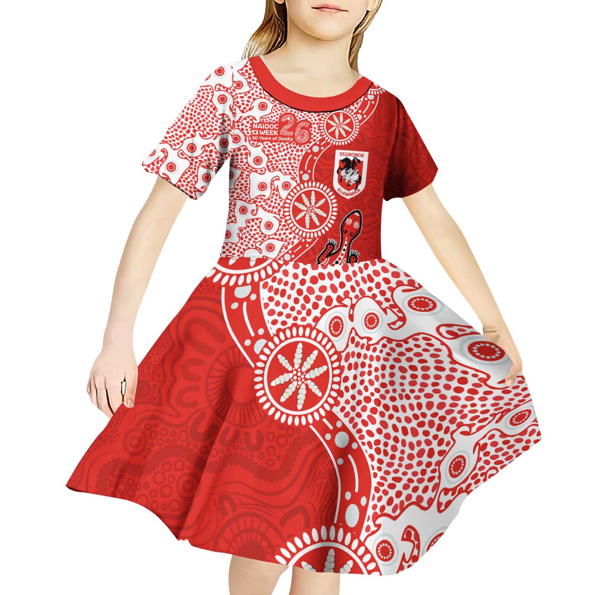 St George Illawarra Dragons NAIDOC Week 2026 Kid Short Sleeve Dress Aboriginal Lizard Dot Painting - 50 Years of Deadly