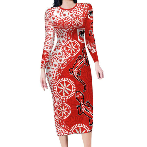 St George Illawarra Dragons NAIDOC Week 2026 Long Sleeve Bodycon Dress Aboriginal Lizard Dot Painting - 50 Years of Deadly