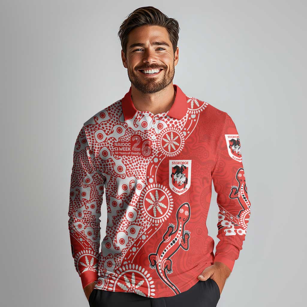 St George Illawarra Dragons NAIDOC Week 2026 Long Sleeve Polo Shirt Aboriginal Lizard Dot Painting - 50 Years of Deadly