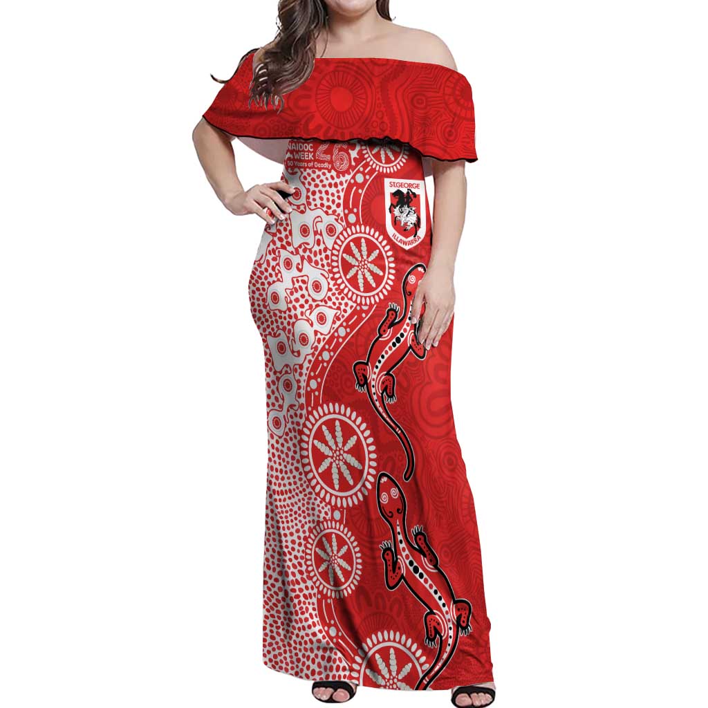 St George Illawarra Dragons NAIDOC Week 2026 Off Shoulder Maxi Dress Aboriginal Lizard Dot Painting - 50 Years of Deadly