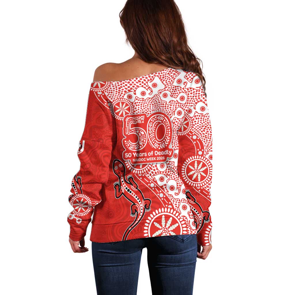 St George Illawarra Dragons NAIDOC Week 2026 Off Shoulder Sweater Aboriginal Lizard Dot Painting - 50 Years of Deadly