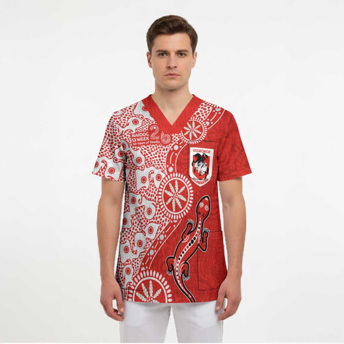 St George Illawarra Dragons NAIDOC Week 2026 Scrub Top Aboriginal Lizard Dot Painting - 50 Years of Deadly