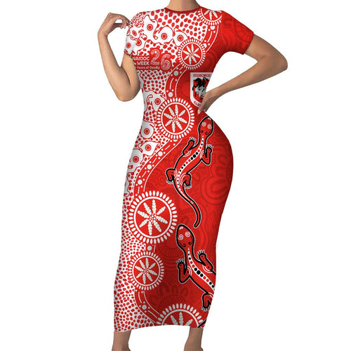 St George Illawarra Dragons NAIDOC Week 2026 Short Sleeve Bodycon Dress Aboriginal Lizard Dot Painting - 50 Years of Deadly