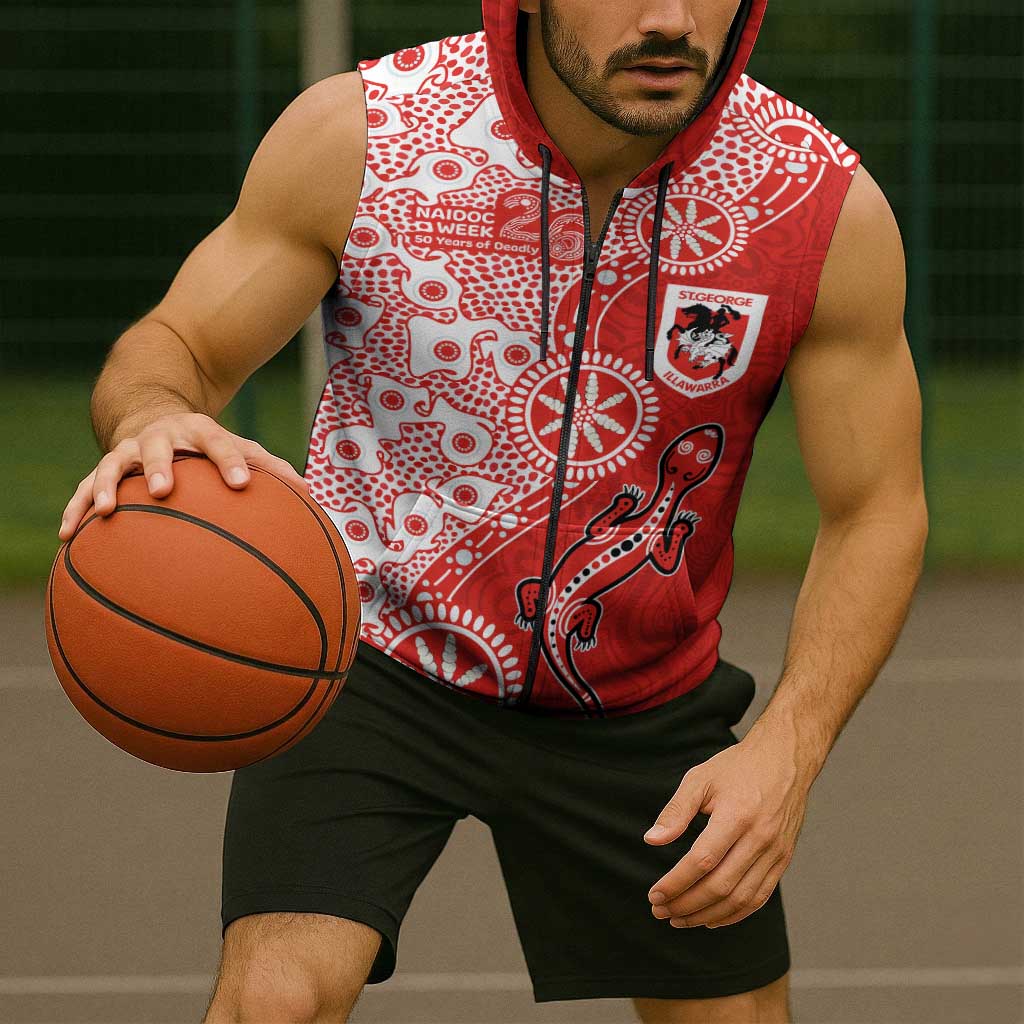 St George Illawarra Dragons NAIDOC Week 2026 Sleeveless Zip Hoodie Aboriginal Lizard Dot Painting - 50 Years of Deadly