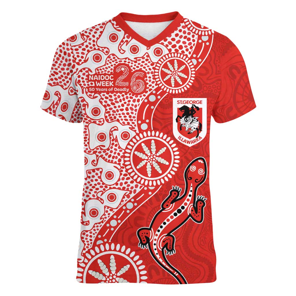 St George Illawarra Dragons NAIDOC Week 2026 Women V-Neck T-Shirt Aboriginal Lizard Dot Painting - 50 Years of Deadly