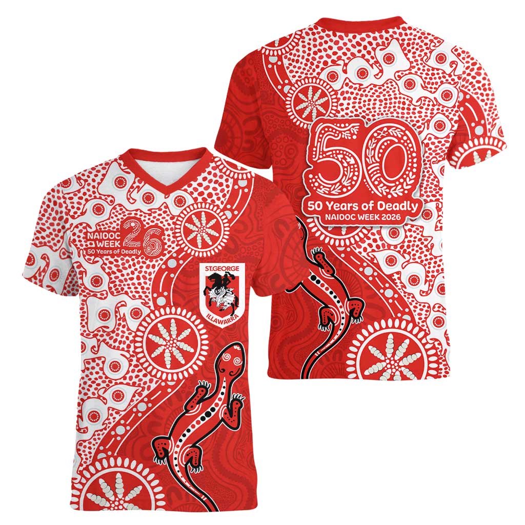 St George Illawarra Dragons NAIDOC Week 2026 Women V-Neck T-Shirt Aboriginal Lizard Dot Painting - 50 Years of Deadly