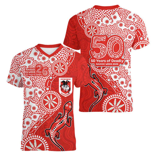 St George Illawarra Dragons NAIDOC Week 2026 Women V-Neck T-Shirt Aboriginal Lizard Dot Painting - 50 Years of Deadly