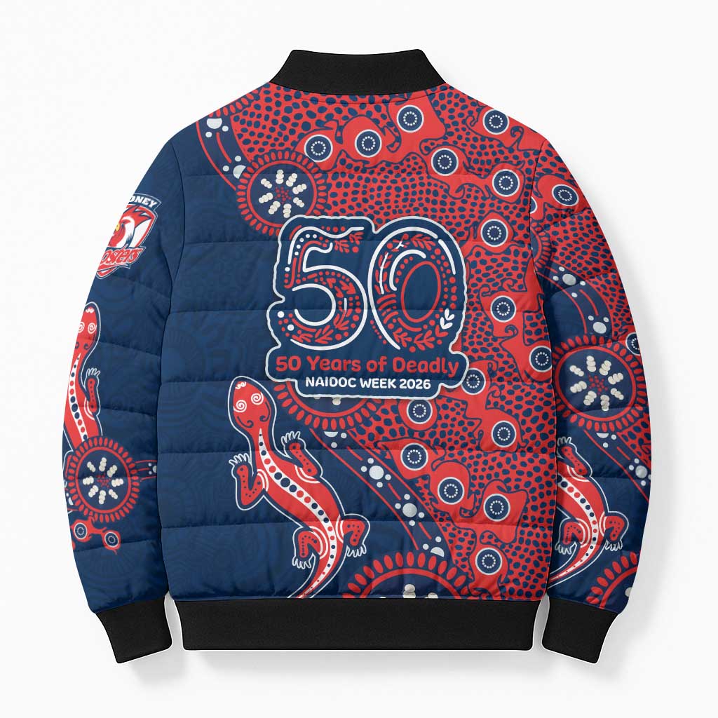 Sydney Roosters NAIDOC Week 2026 Bomber Puffer Jacket Aboriginal Lizard Dot Painting - 50 Years of Deadly