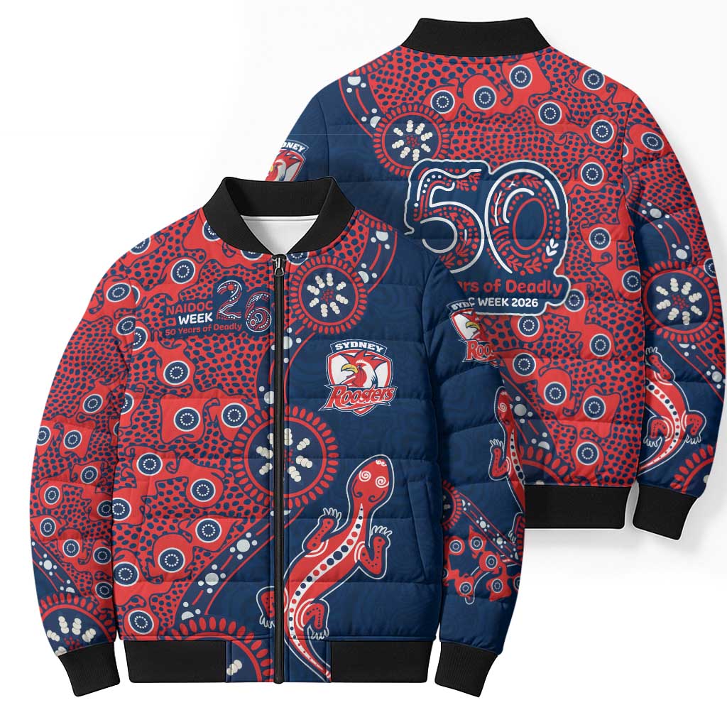 Sydney Roosters NAIDOC Week 2026 Bomber Puffer Jacket Aboriginal Lizard Dot Painting - 50 Years of Deadly