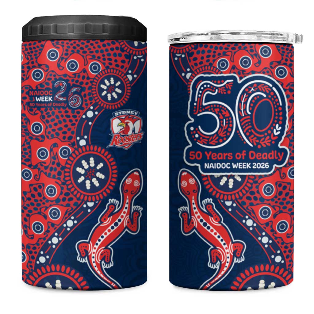 Sydney Roosters NAIDOC Week 2026 4 in 1 Can Cooler Tumbler Aboriginal Lizard Dot Painting - 50 Years of Deadly