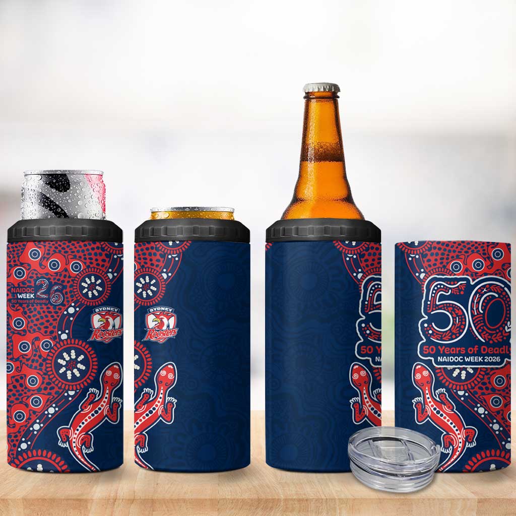 Sydney Roosters NAIDOC Week 2026 4 in 1 Can Cooler Tumbler Aboriginal Lizard Dot Painting - 50 Years of Deadly