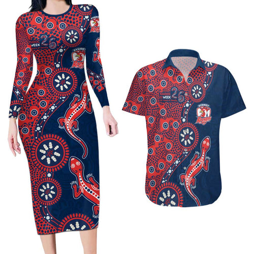 Sydney Roosters NAIDOC Week 2026 Couples Matching Long Sleeve Bodycon Dress and Hawaiian Shirt Aboriginal Lizard Dot Painting - 50 Years of Deadly